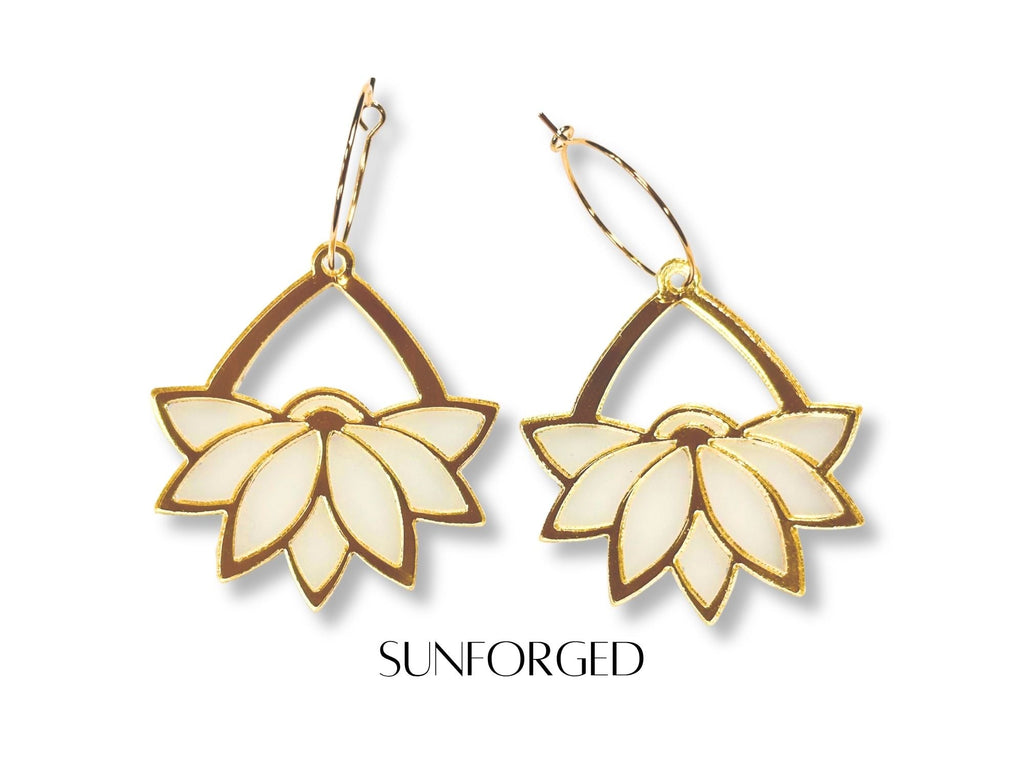 Sunforged Art Deco lotus hoop earrings in gold and ivory tones