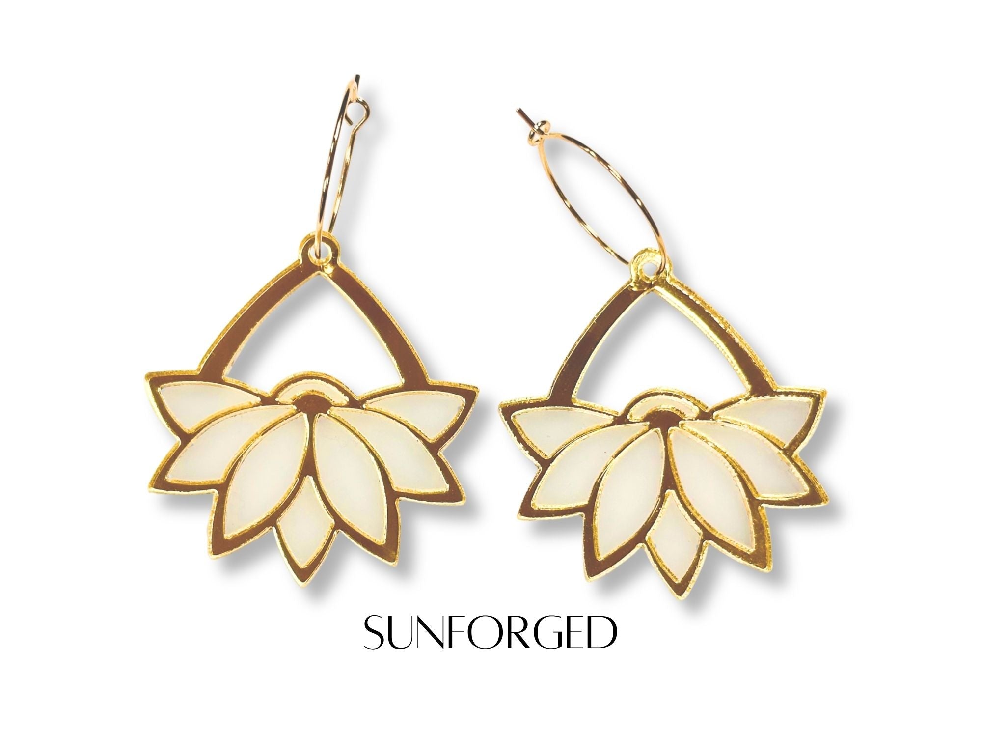 Sunforged Art Deco lotus hoop earrings in gold and ivory tones