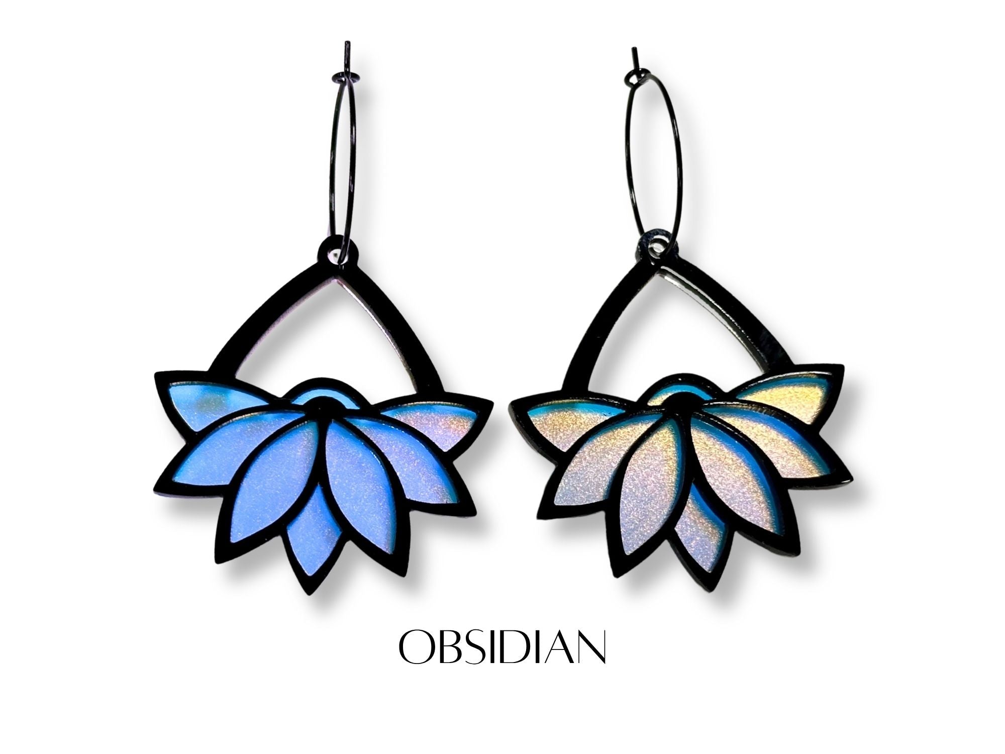 Obsidian Art Deco lotus hoop earrings in black and blue iridescent acrylic