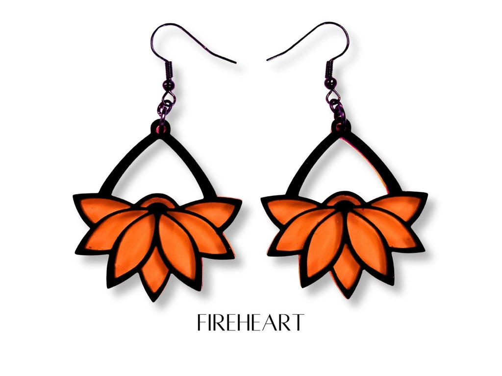 Fireheart Art Deco lotus hoop earrings in black and vibrant orange acrylic