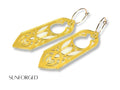 Gold mirror Sunforged Arwen fantasy statement earrings on white background
