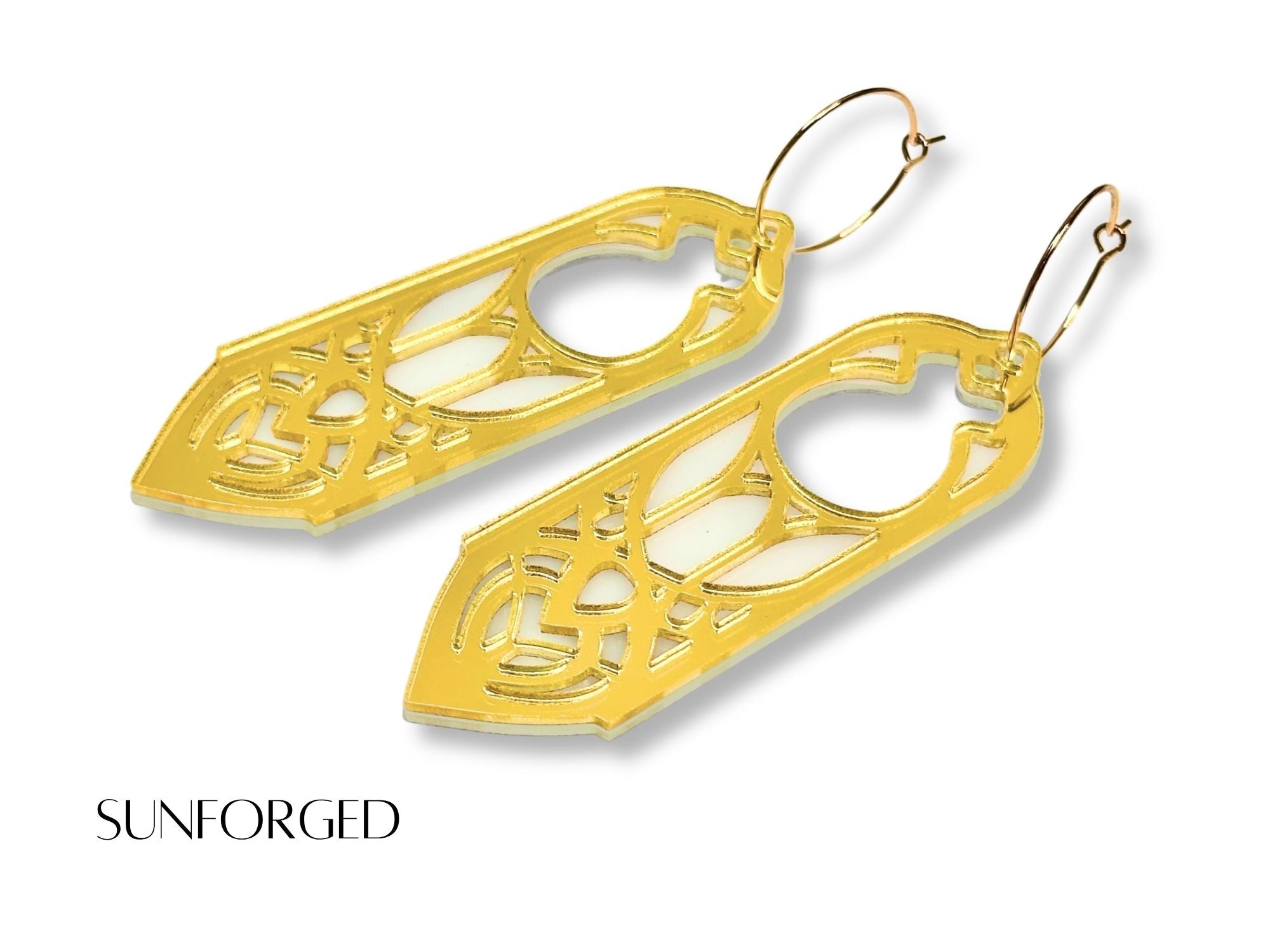 Gold mirror Sunforged Arwen fantasy statement earrings on white background