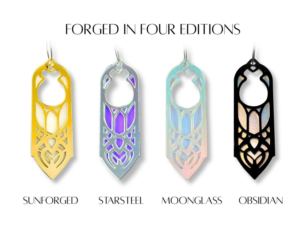 Arwen statement earrings shown in four colorways including Sunforged, Starsteel, Moonglass, and Obsidian
