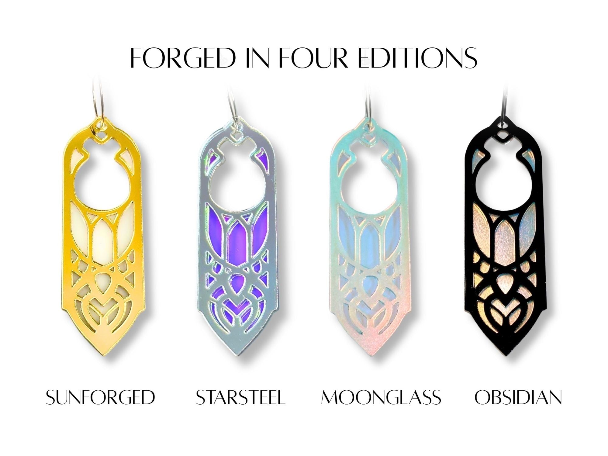 Arwen statement earrings shown in four colorways including Sunforged, Starsteel, Moonglass, and Obsidian