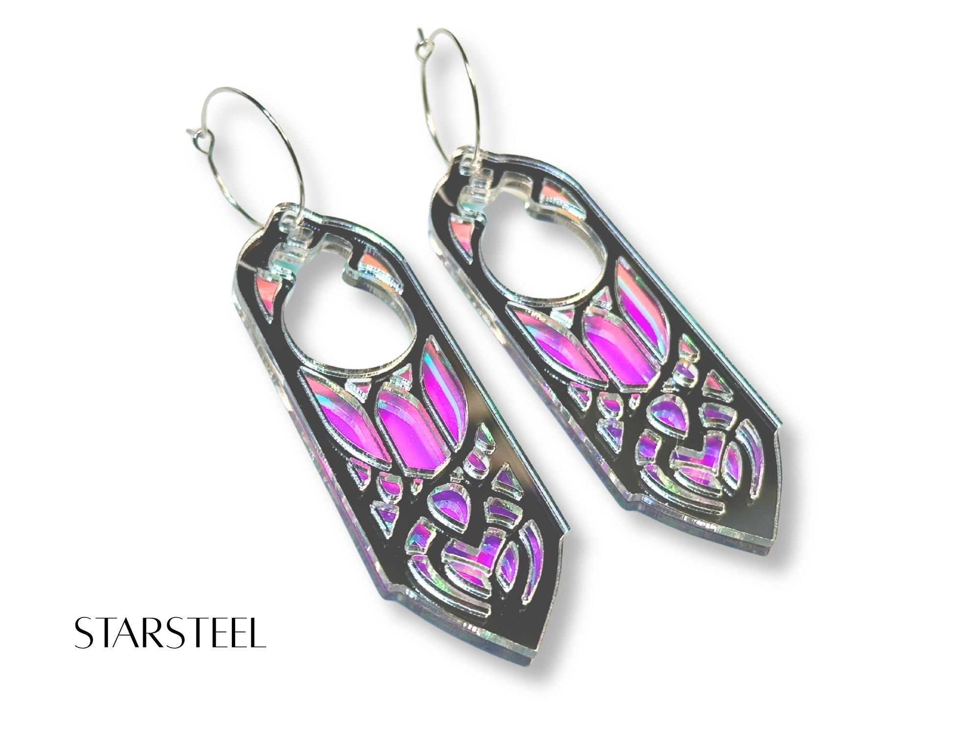Silver mirror and pink iridescent Starsteel Arwen statement earrings on white background