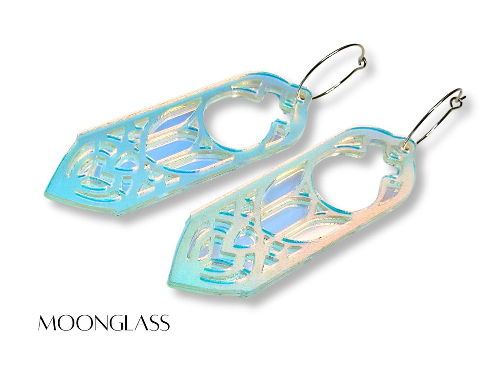 Blue iridescent Moonglass Arwen statement earrings on white background