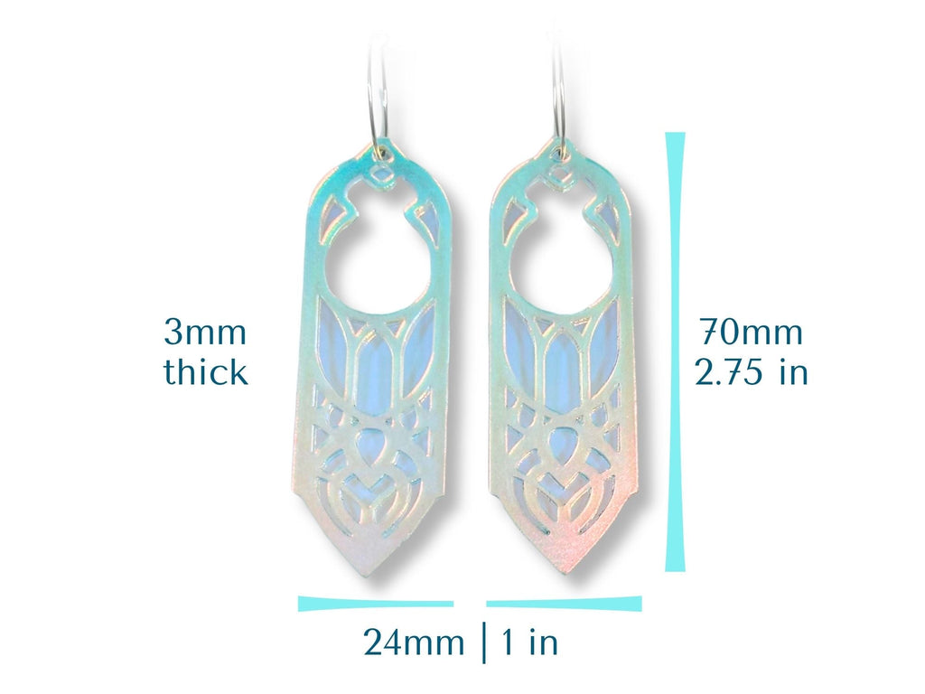 Arwen statement earring size chart showing 70mm height and 24mm width dimensions