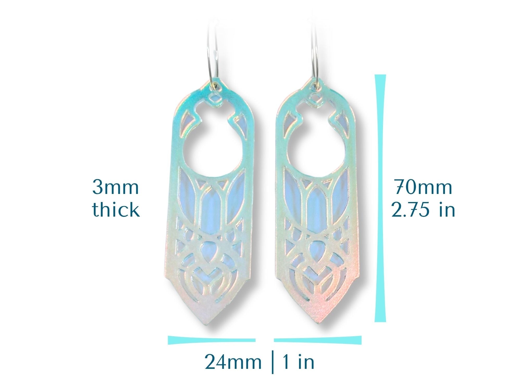 Arwen statement earring size chart showing 70mm height and 24mm width dimensions