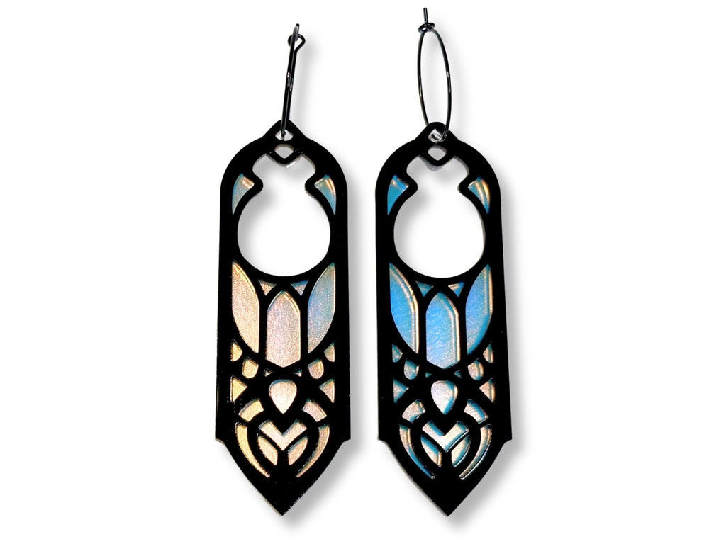 Black and iridescent Arwen statement earrings inspired by elven fantasy aesthetics on white background
