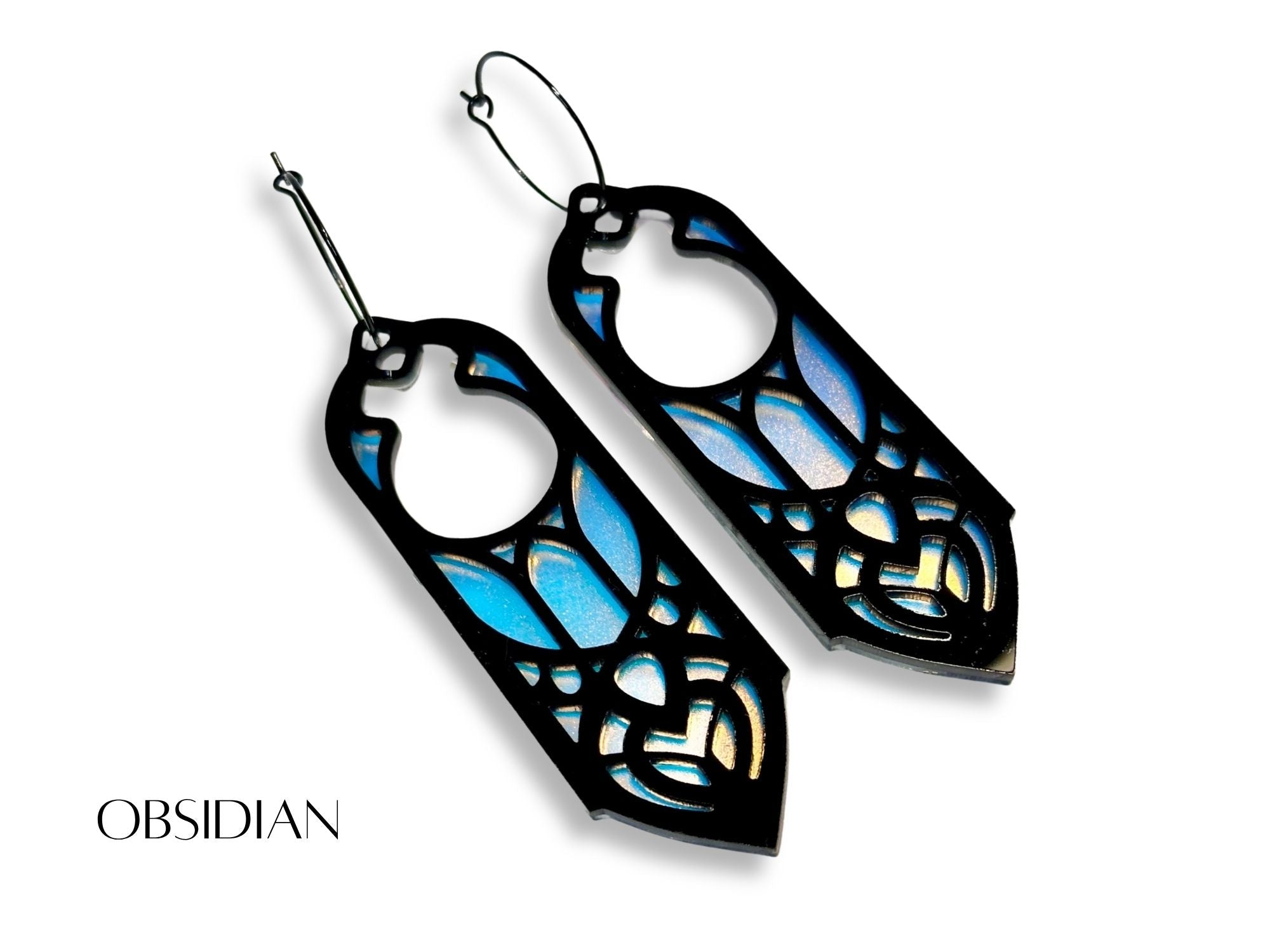 Black and blue iridescent Obsidian Arwen statement earrings on white background
