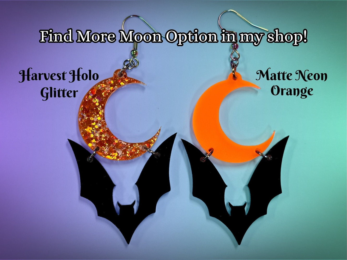 Bat and Crescent Moon Earrings | Black and Holographic Harvest Orange Glitter Halloween Dangles ! - Painted Raina