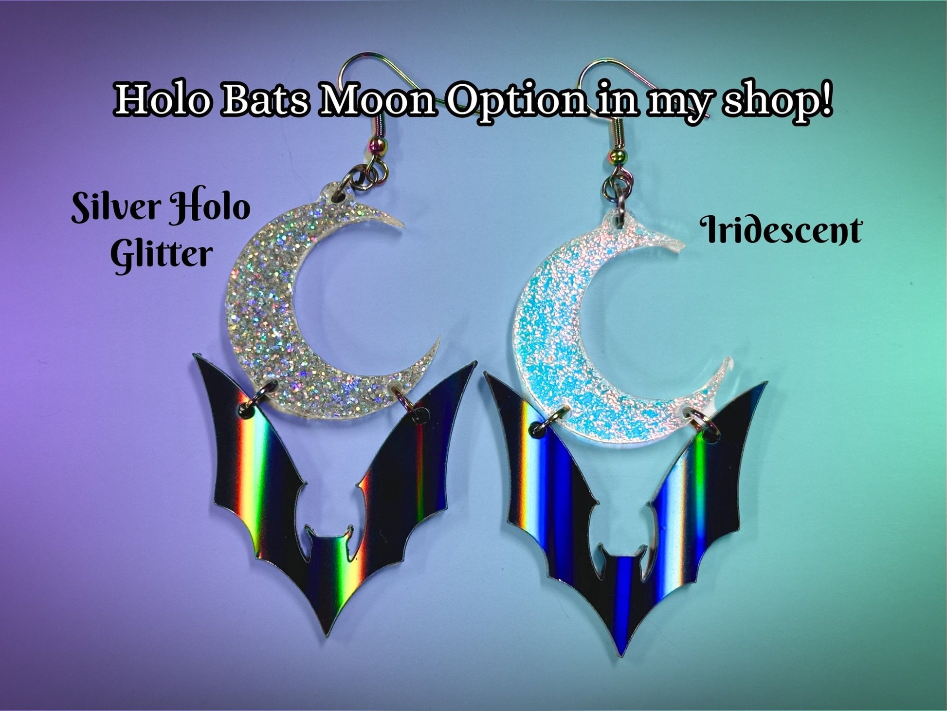 Bat and Crescent Moon Earrings | Black Rainbow and Silver Holographic Glitter Halloween Dangles ! - Painted Raina