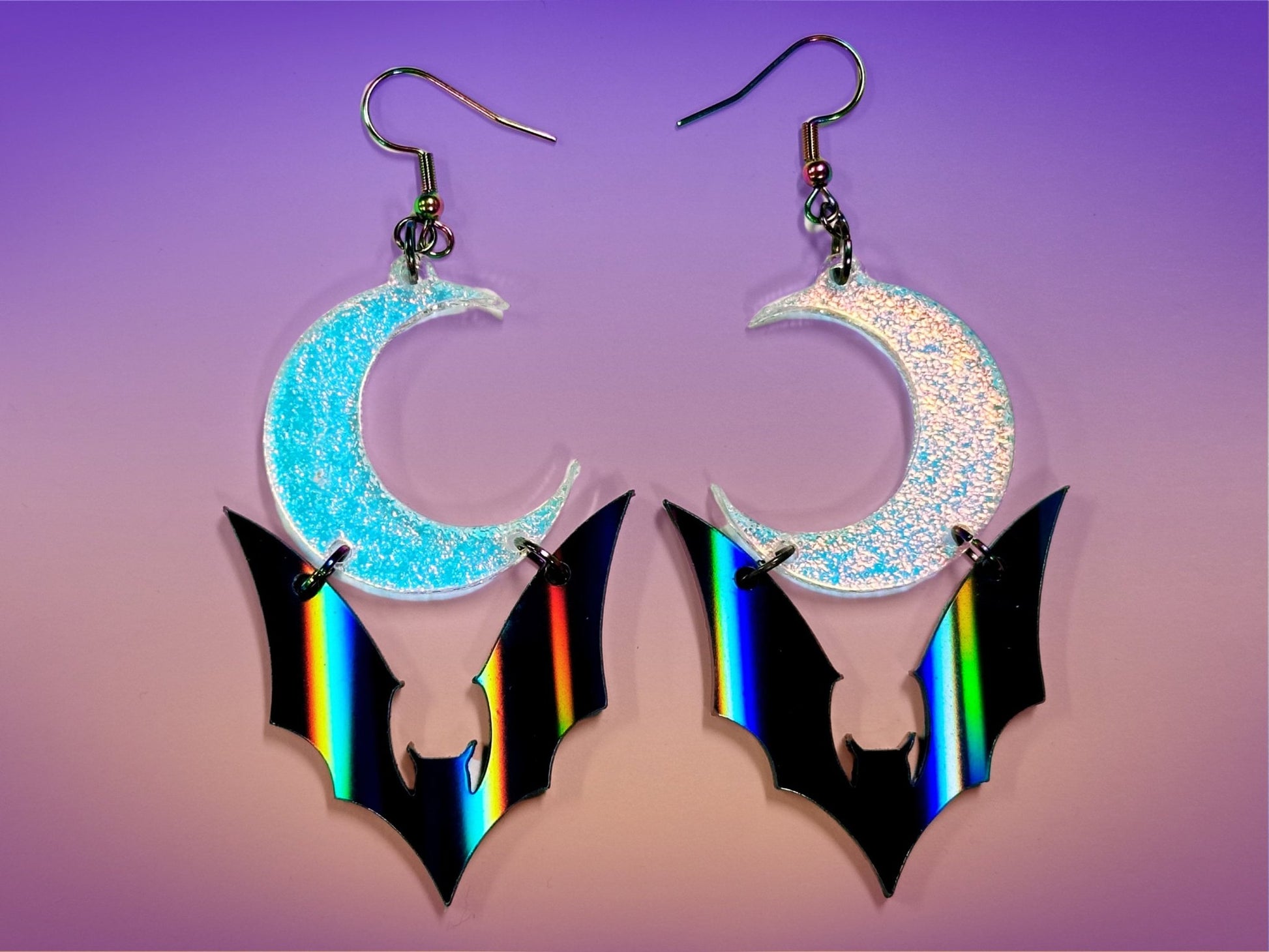 Bat and Crescent Moon Earrings | Black Rainbow Holographic and Iridescent Halloween Dangles ! - Painted Raina