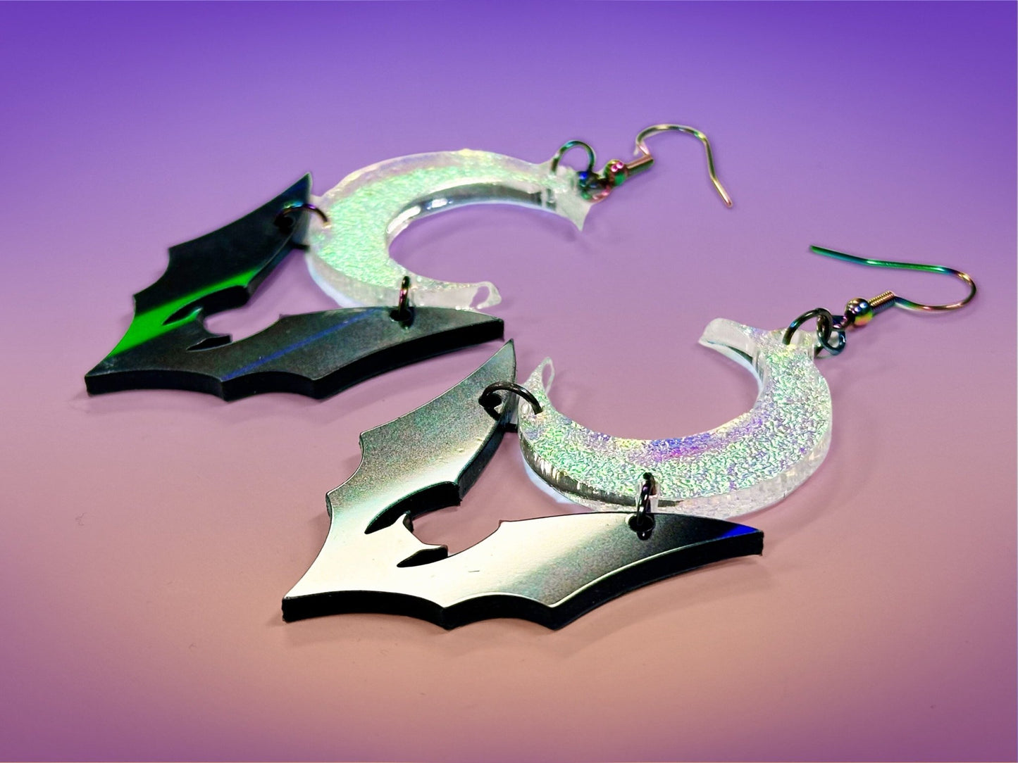 Bat and Crescent Moon Earrings | Black Rainbow Holographic and Iridescent Halloween Dangles ! - Painted Raina