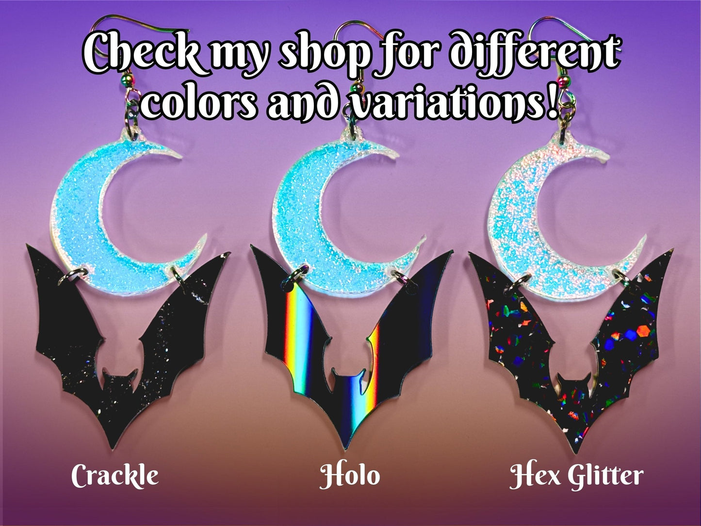 Bat and Crescent Moon Earrings | Black Rainbow Holographic and Iridescent Halloween Dangles ! - Painted Raina