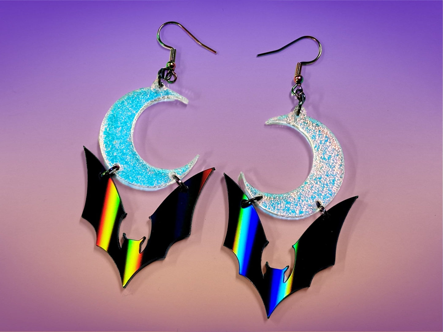 Bat and Crescent Moon Earrings | Black Rainbow Holographic and Iridescent Halloween Dangles ! - Painted Raina