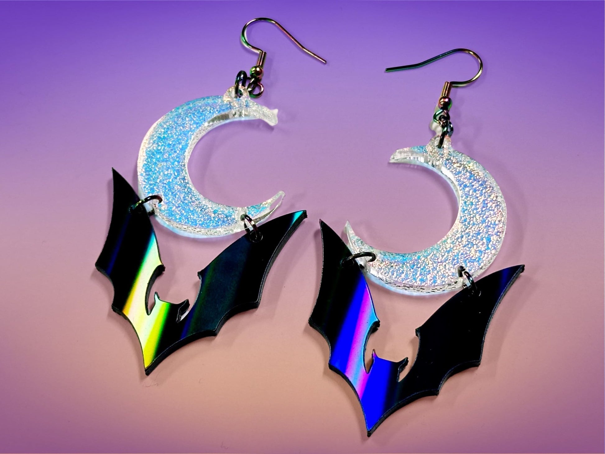 Bat and Crescent Moon Earrings | Black Rainbow Holographic and Iridescent Halloween Dangles ! - Painted Raina