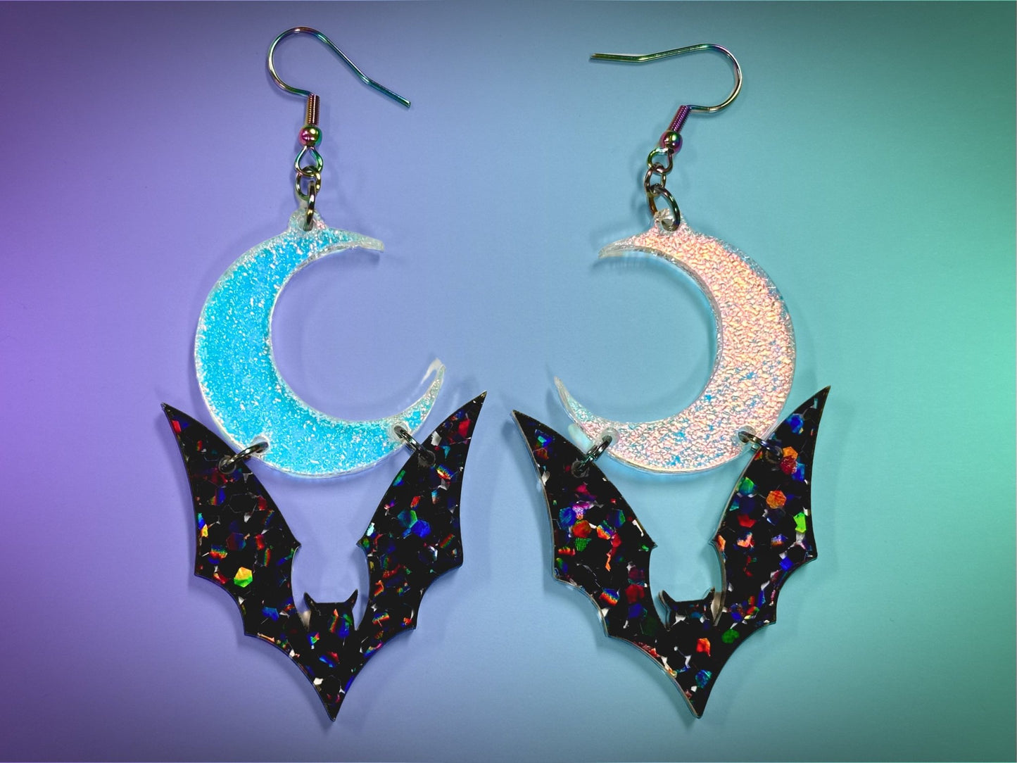 Bat and Crescent Moon Earrings | Chunky Jewel Hex Glitter and Iridescent Halloween Dangles ! - Painted Raina