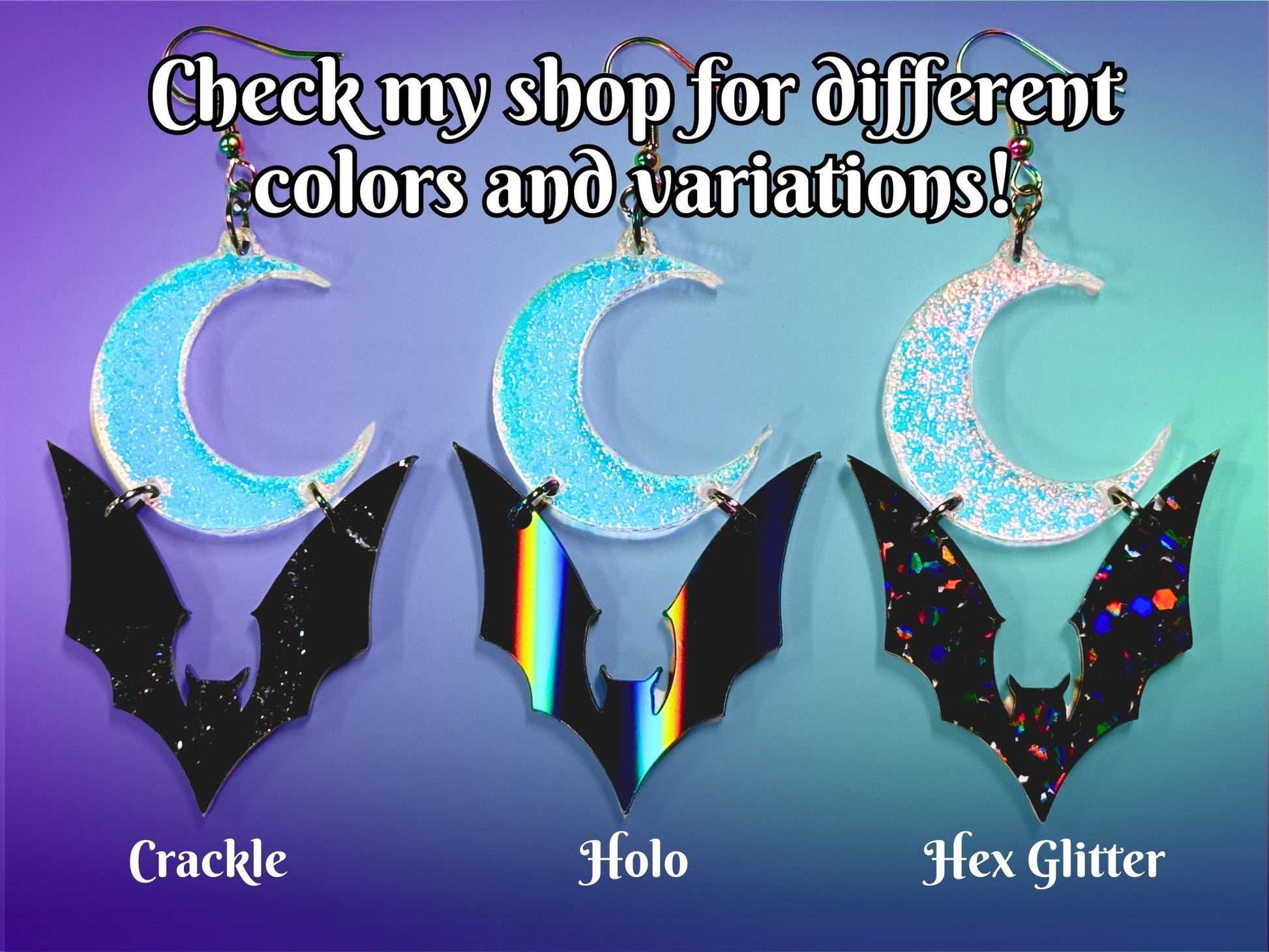 Bat and Crescent Moon Earrings | Chunky Jewel Hex Glitter and Iridescent Halloween Dangles ! - Painted Raina