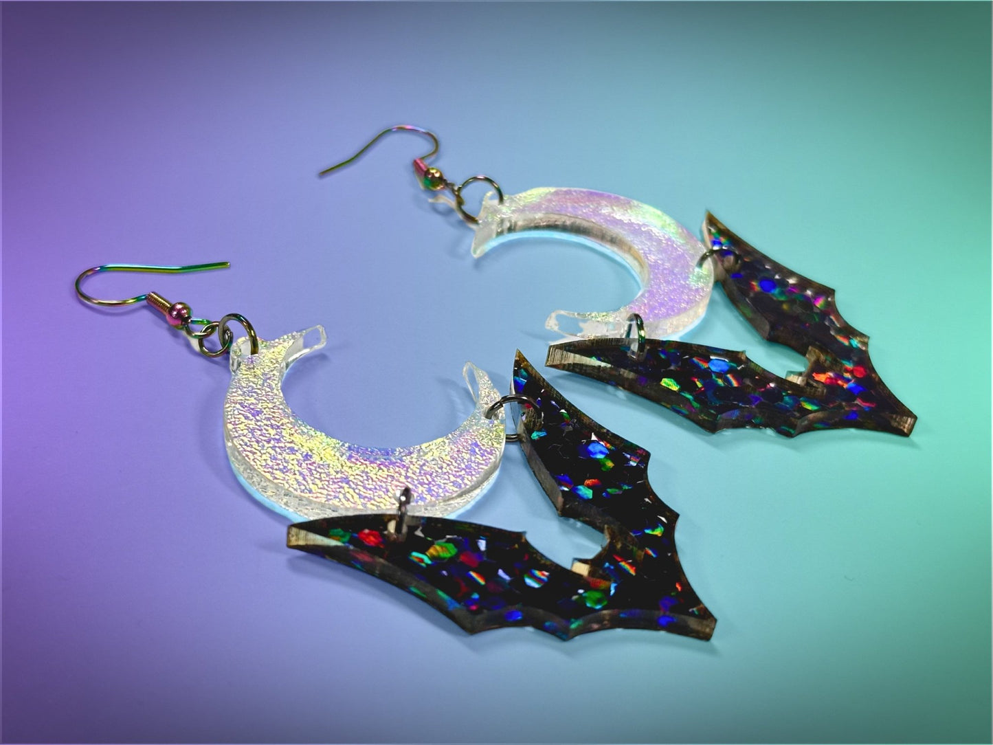 Bat and Crescent Moon Earrings | Chunky Jewel Hex Glitter and Iridescent Halloween Dangles ! - Painted Raina