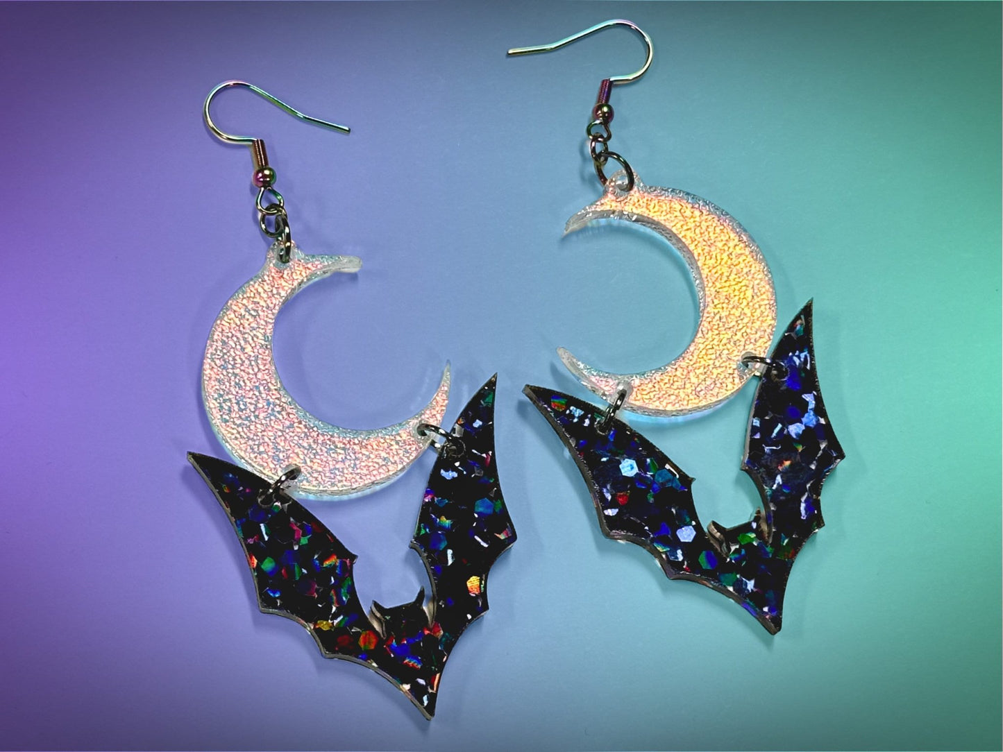 Bat and Crescent Moon Earrings | Chunky Jewel Hex Glitter and Iridescent Halloween Dangles ! - Painted Raina