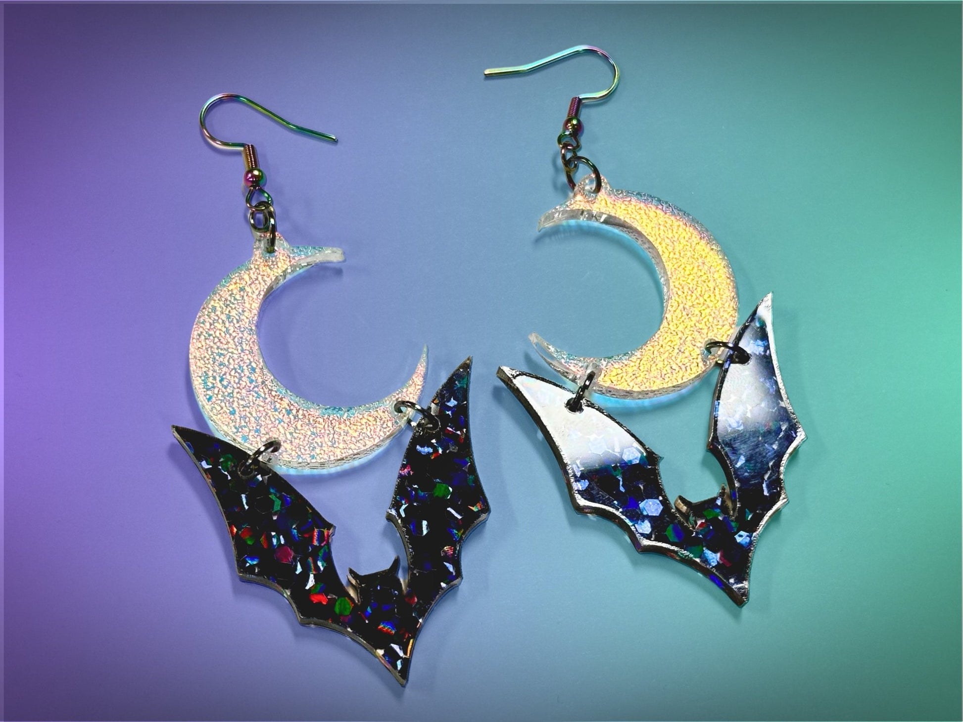 Bat and Crescent Moon Earrings | Chunky Jewel Hex Glitter and Iridescent Halloween Dangles ! - Painted Raina