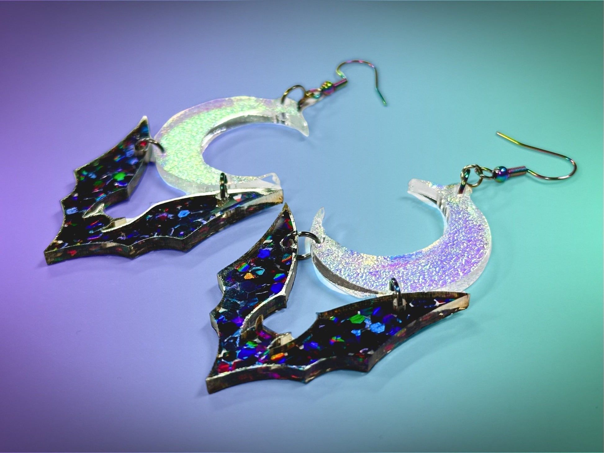 Bat and Crescent Moon Earrings | Chunky Jewel Hex Glitter and Iridescent Halloween Dangles ! - Painted Raina