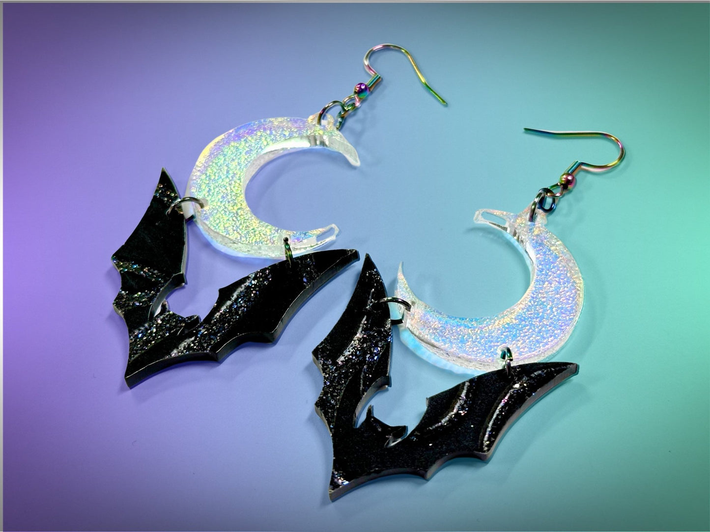 Bat and Crescent Moon Earrings | Crackle Color | Iridescent and Glittery Halloween Dangles ! - Painted Raina