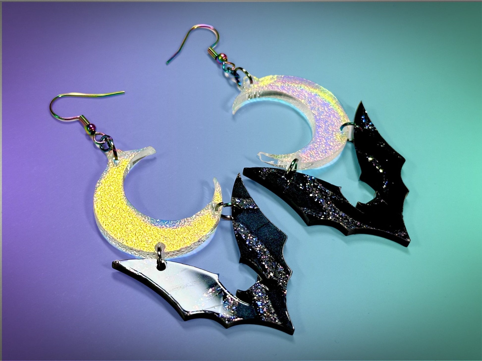 Bat and Crescent Moon Earrings | Crackle Color | Iridescent and Glittery Halloween Dangles ! - Painted Raina