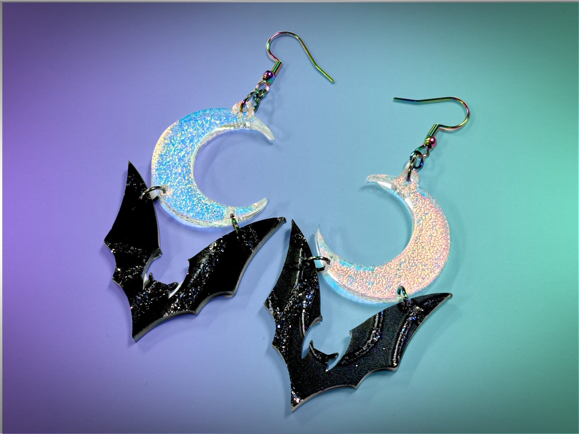 Bat and Crescent Moon Earrings | Crackle Color | Iridescent and Glittery Halloween Dangles ! - Painted Raina