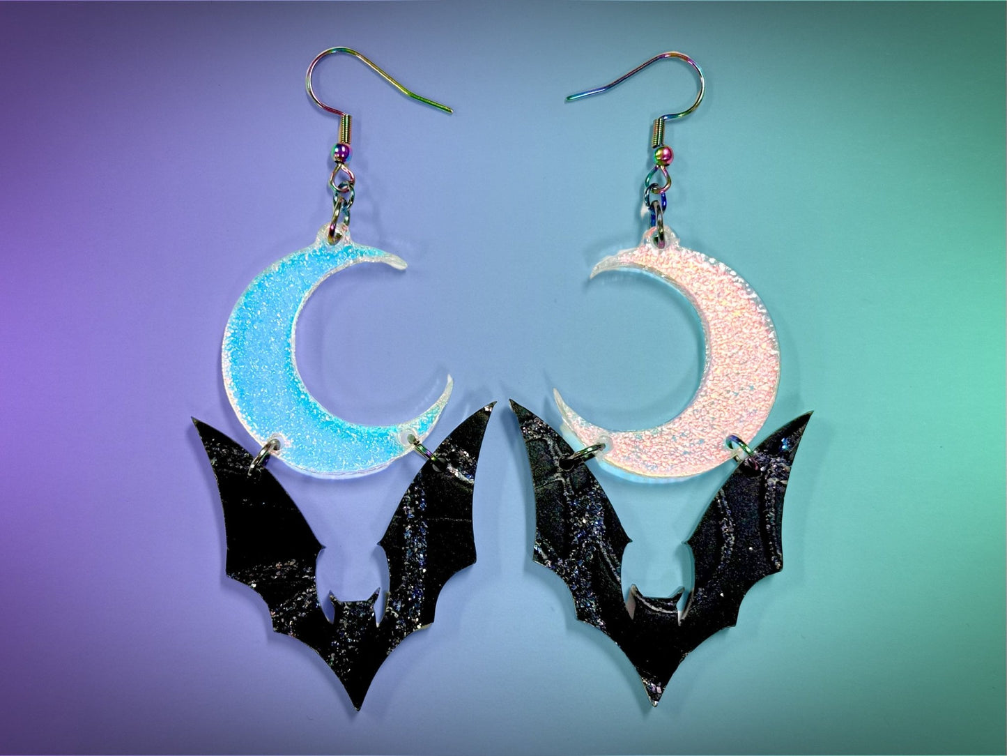 Bat and Crescent Moon Earrings | Crackle Color | Iridescent and Glittery Halloween Dangles ! - Painted Raina