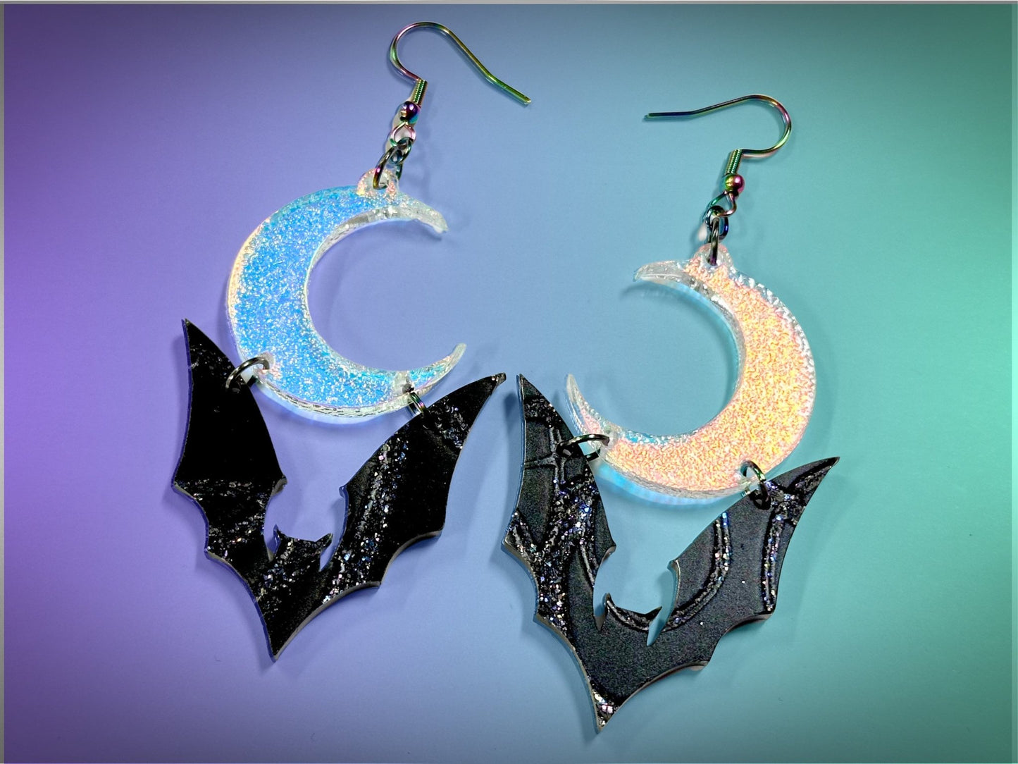 Bat and Crescent Moon Earrings | Crackle Color | Iridescent and Glittery Halloween Dangles ! - Painted Raina