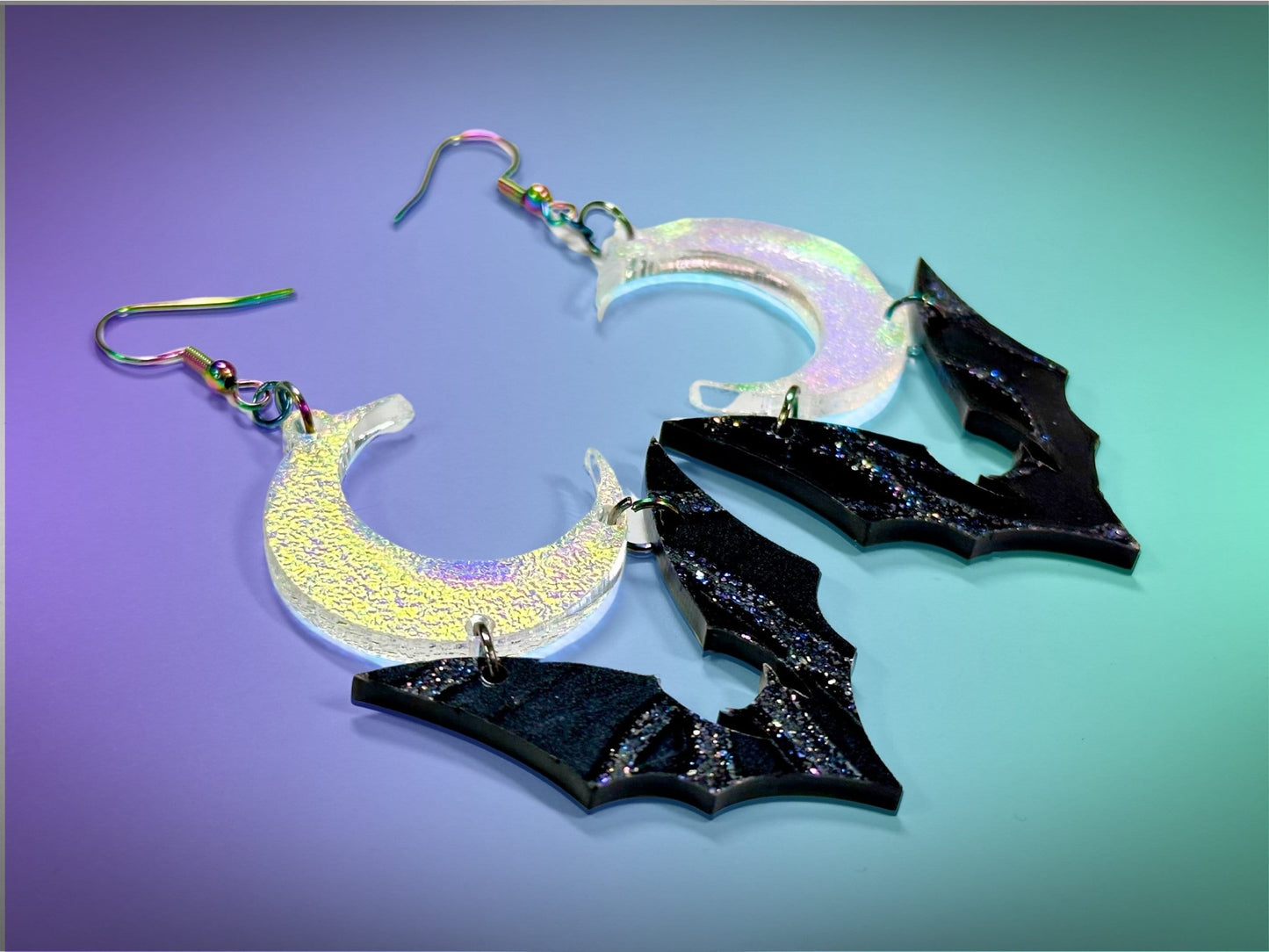 Bat and Crescent Moon Earrings | Crackle Color | Iridescent and Glittery Halloween Dangles ! - Painted Raina