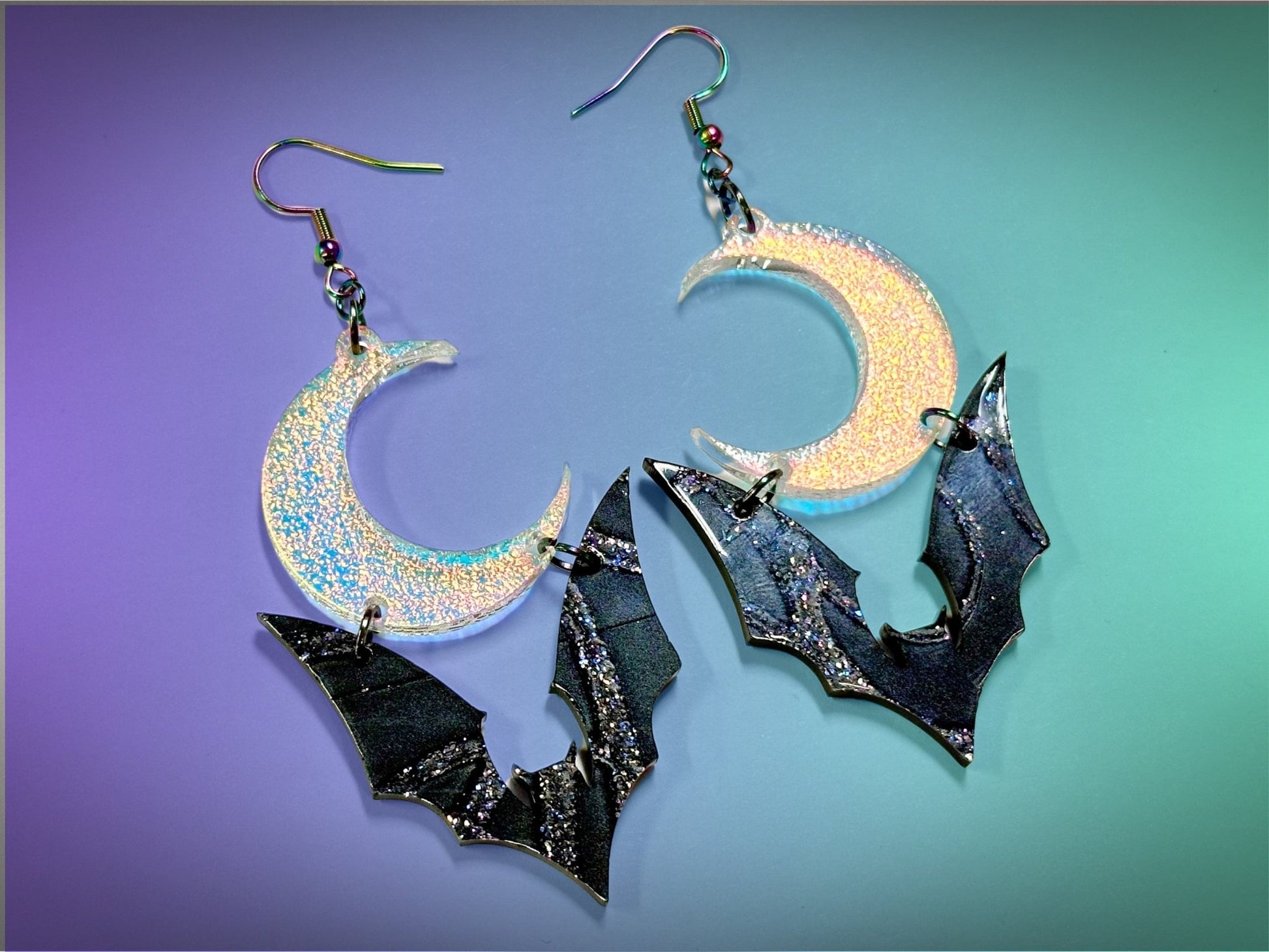 Bat and Crescent Moon Earrings | Crackle Color | Iridescent and Glittery Halloween Dangles ! - Painted Raina