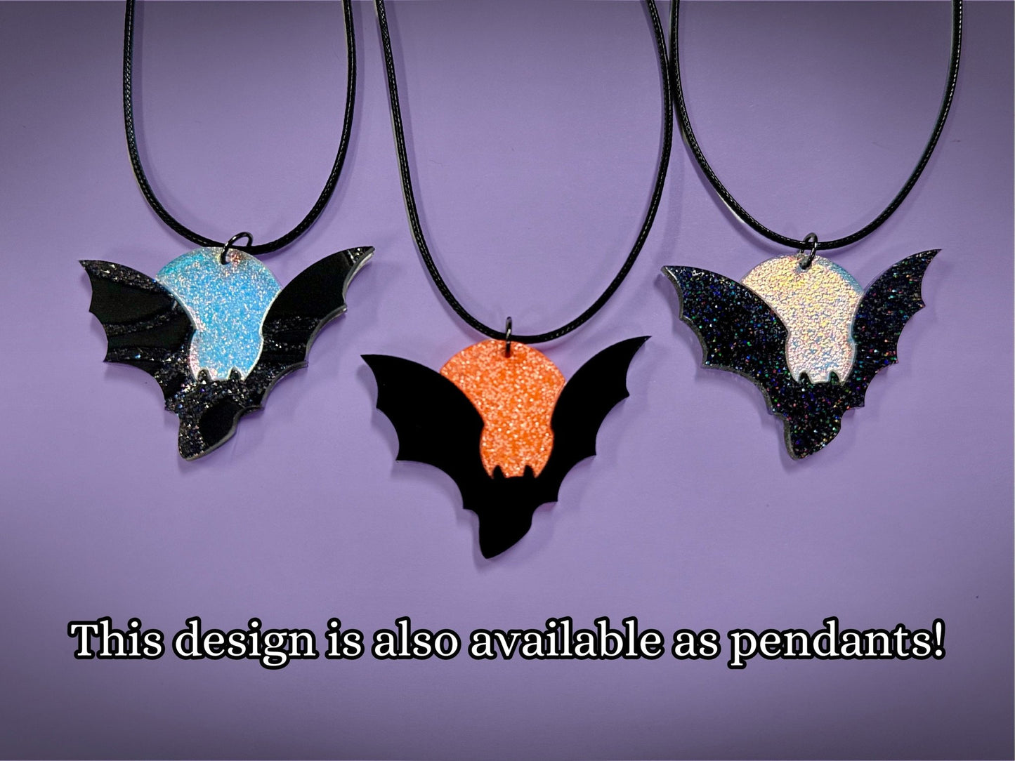 Bat and Full Moon Earrings | Asymmetrical Black and Fluorescent Matte Orange Halloween Dangles ! - Painted Raina