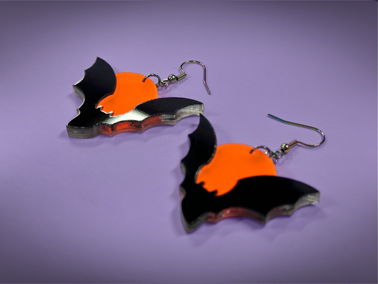 Bat and Full Moon Earrings | Asymmetrical Black and Fluorescent Matte Orange Halloween Dangles ! - Painted Raina