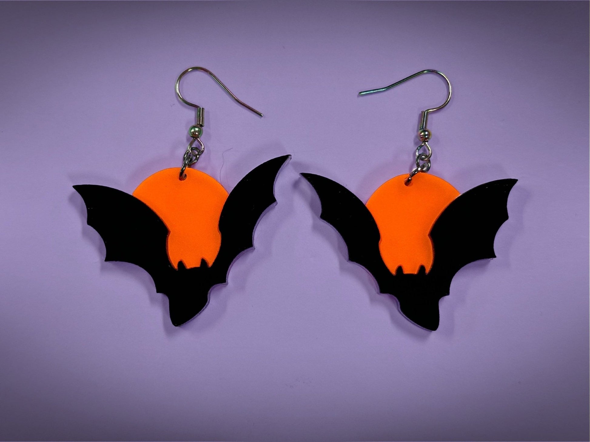 Bat and Full Moon Earrings | Asymmetrical Black and Fluorescent Matte Orange Halloween Dangles ! - Painted Raina