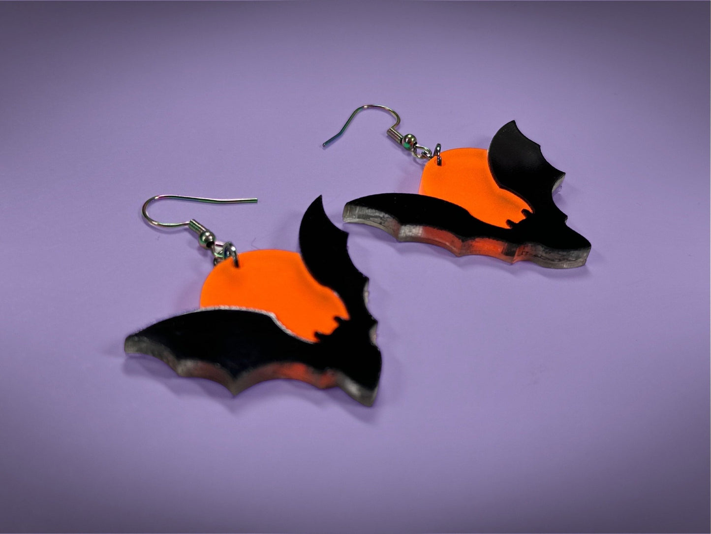 Bat and Full Moon Earrings | Asymmetrical Black and Fluorescent Matte Orange Halloween Dangles ! - Painted Raina