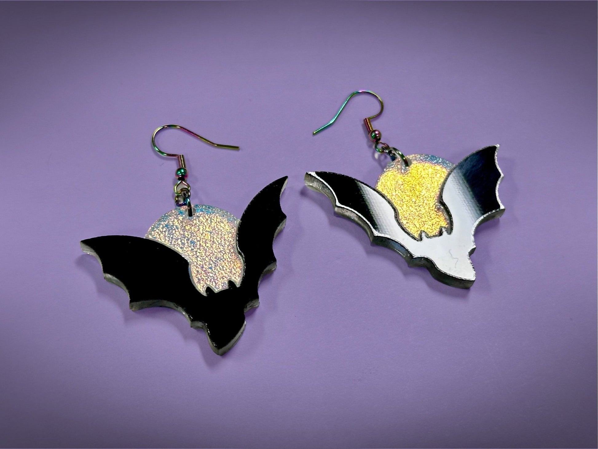 Bat and Full Moon Earrings | Asymmetrical Black and Textured Iridescent Halloween Dangles ! - Painted Raina