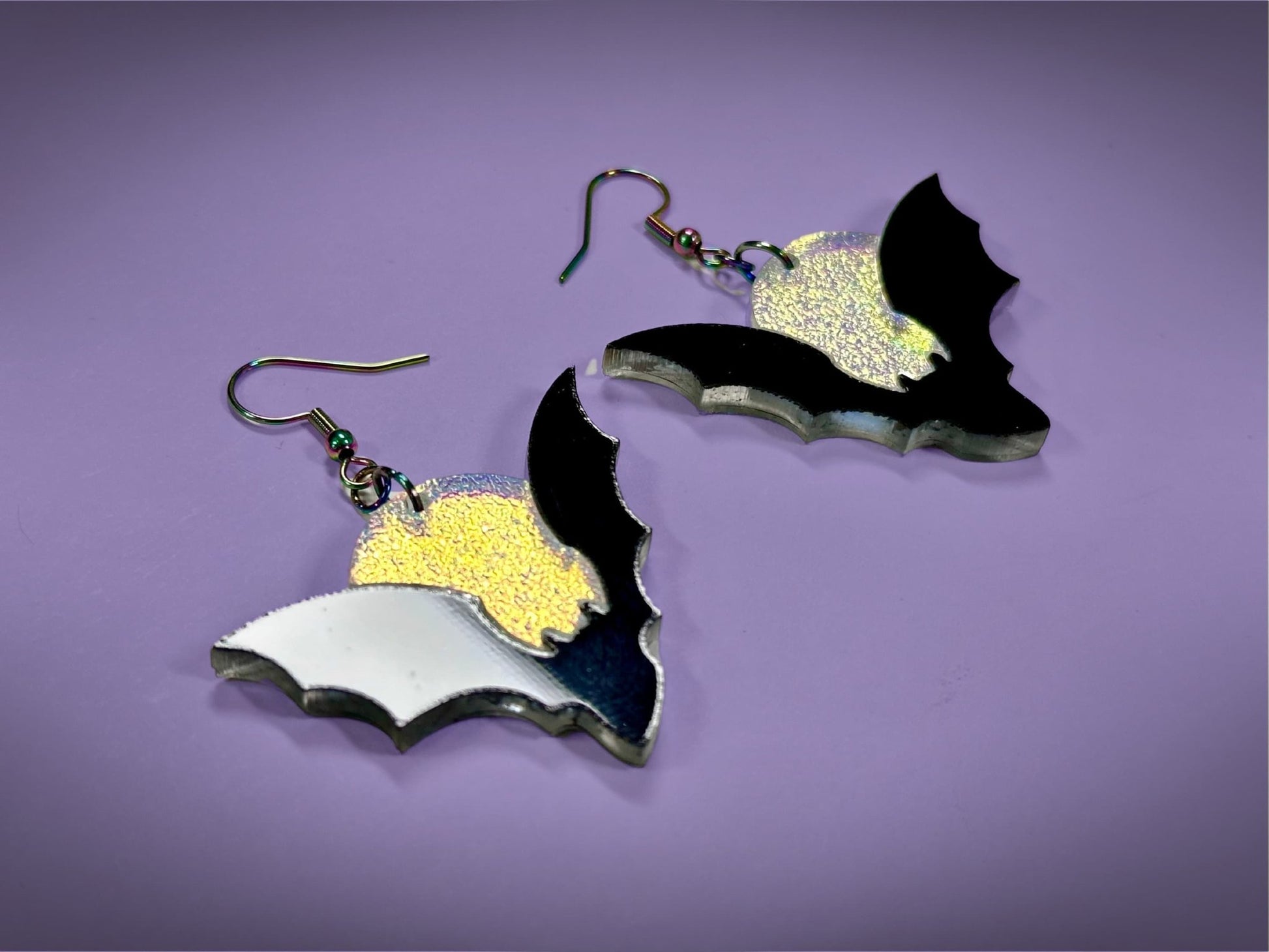 Bat and Full Moon Earrings | Asymmetrical Black and Textured Iridescent Halloween Dangles ! - Painted Raina