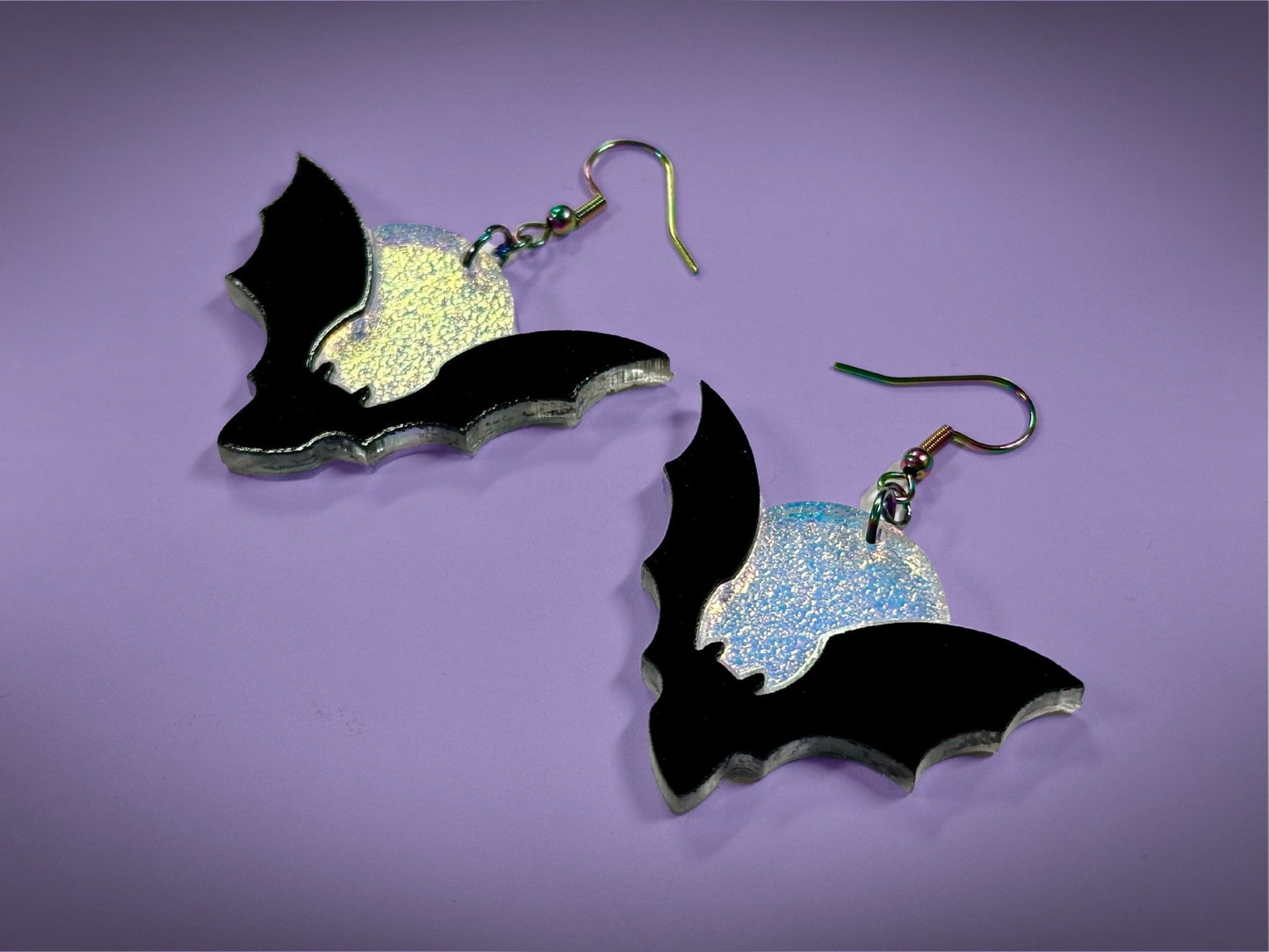 Bat and Full Moon Earrings | Asymmetrical Black and Textured Iridescent Halloween Dangles ! - Painted Raina