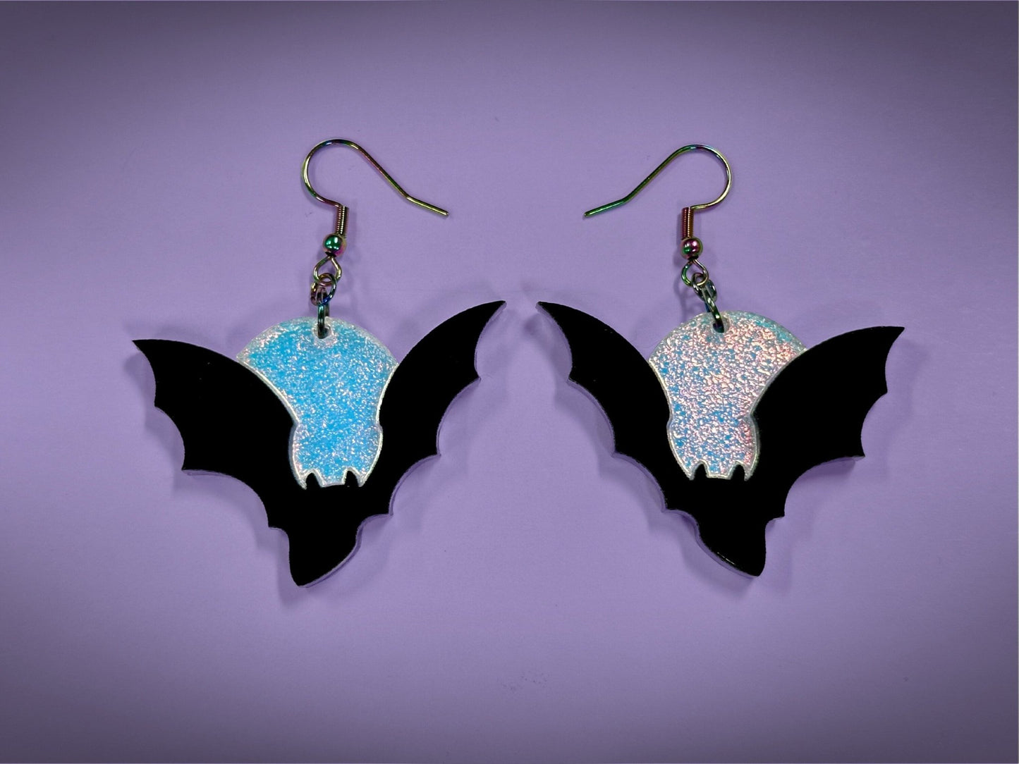 Bat and Full Moon Earrings | Asymmetrical Black and Textured Iridescent Halloween Dangles ! - Painted Raina