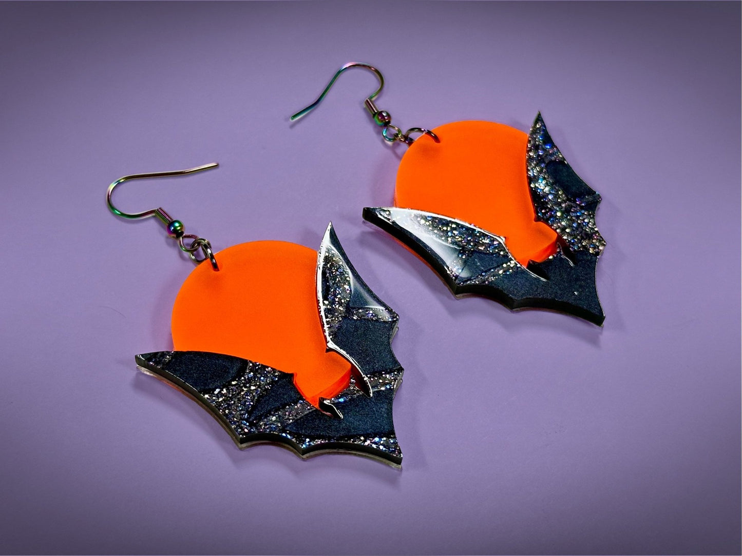 Bat and Full Moon Earrings | Black Crackle Glitter and Fluorescent Matte Orange Halloween Dangles ! - Painted Raina