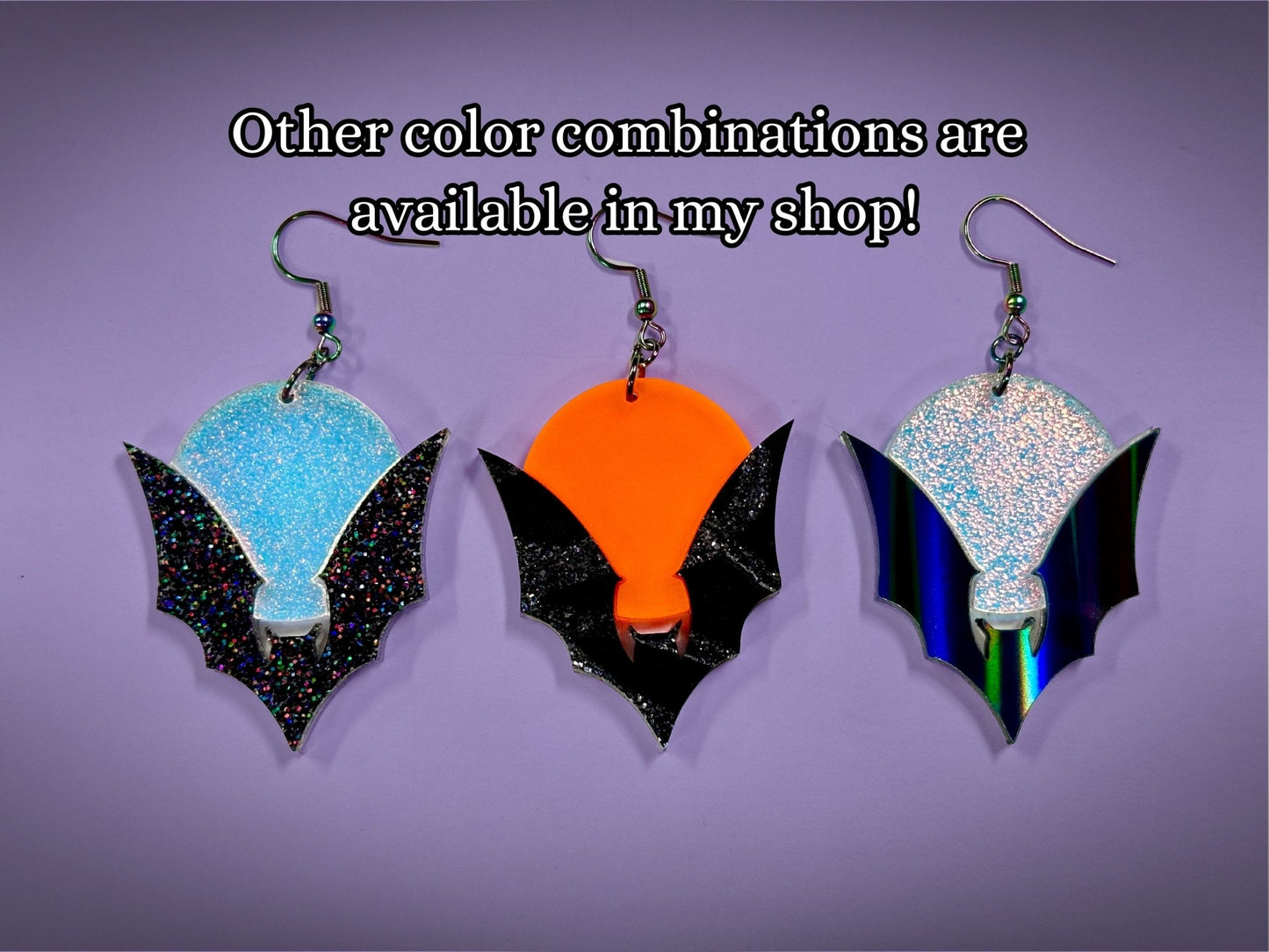 Bat and Full Moon Earrings | Black Crackle Glitter and Fluorescent Matte Orange Halloween Dangles ! - Painted Raina