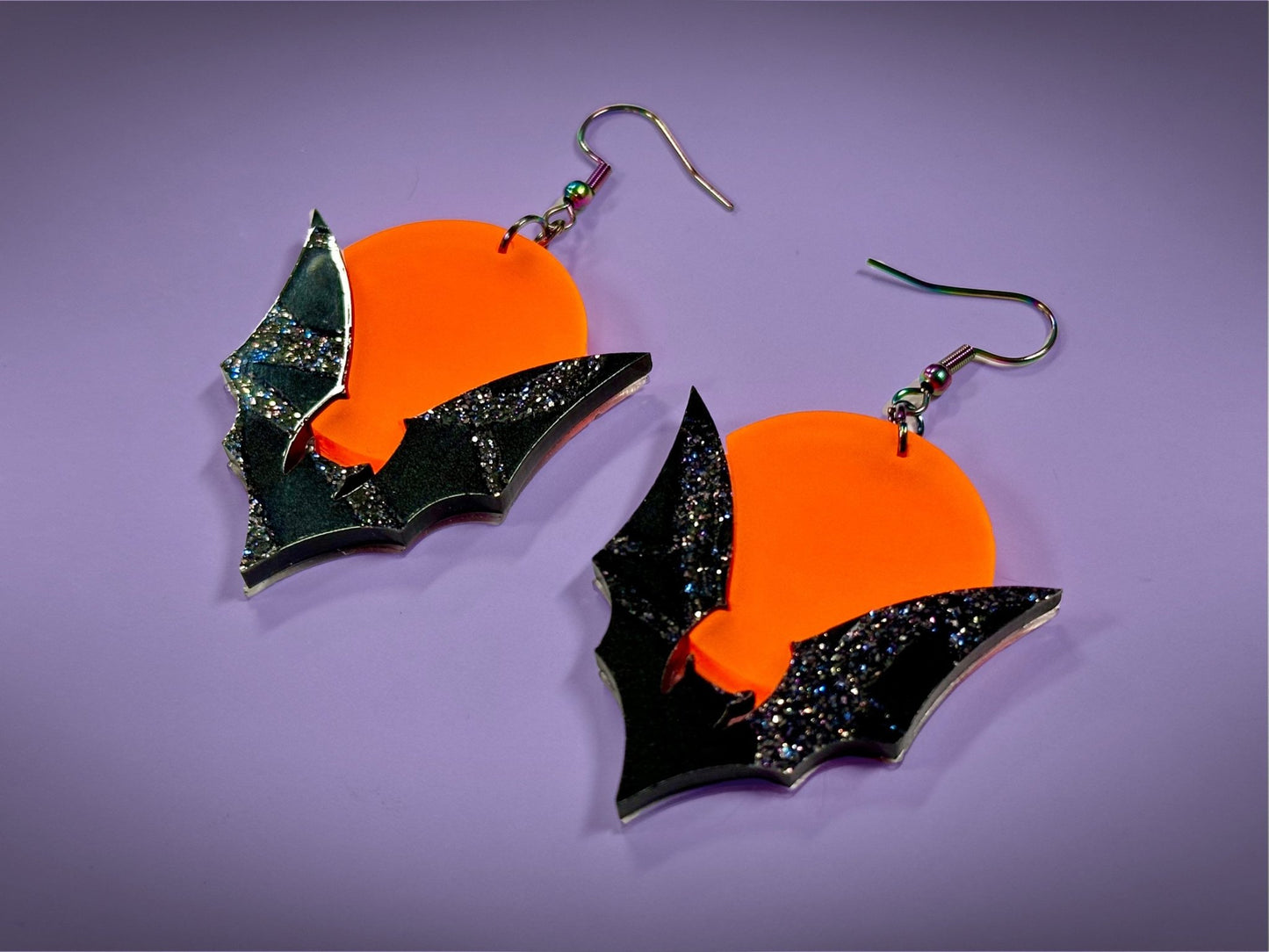 Bat and Full Moon Earrings | Black Crackle Glitter and Fluorescent Matte Orange Halloween Dangles ! - Painted Raina