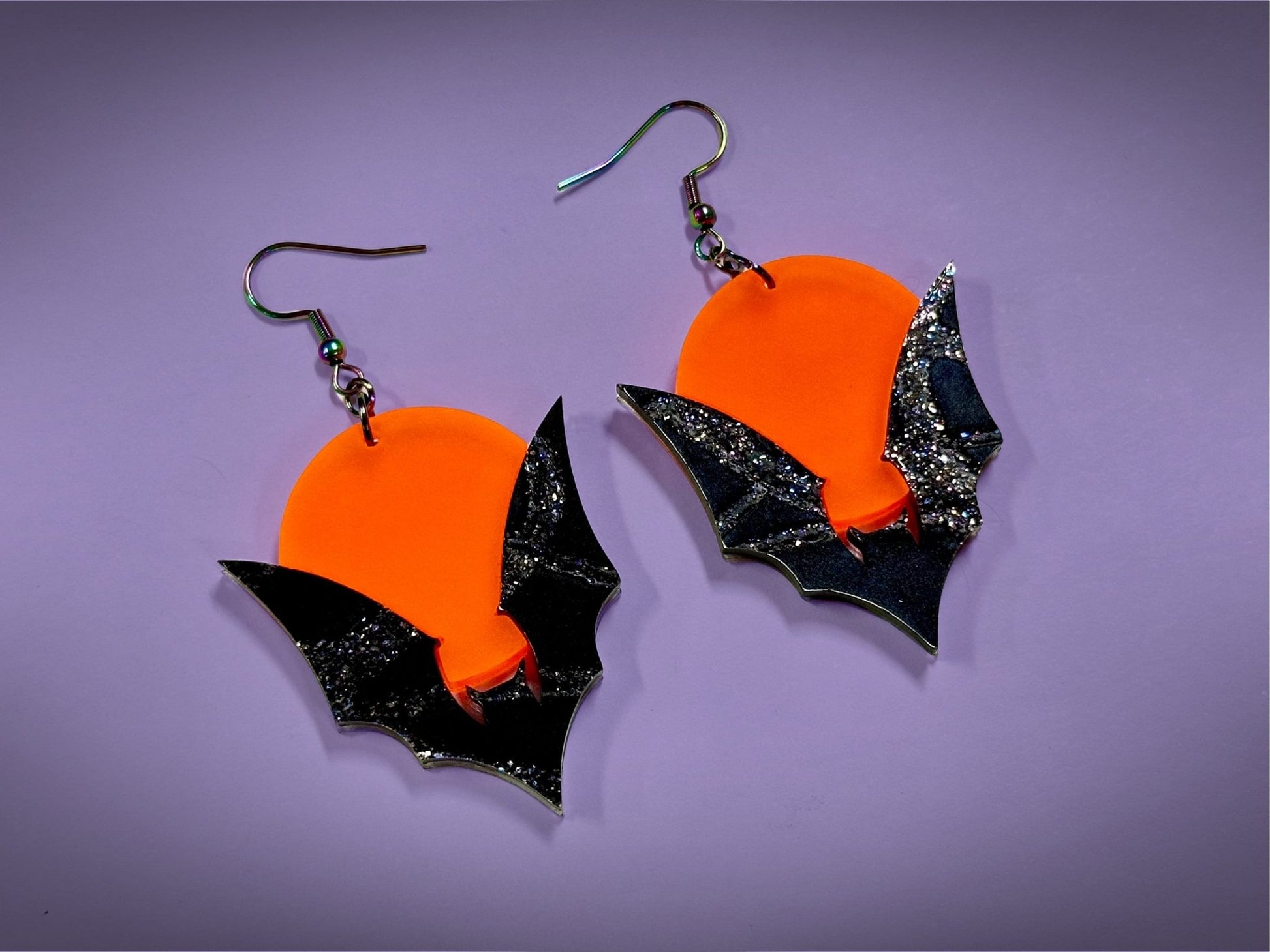 Bat and Full Moon Earrings | Black Crackle Glitter and Fluorescent Matte Orange Halloween Dangles ! - Painted Raina