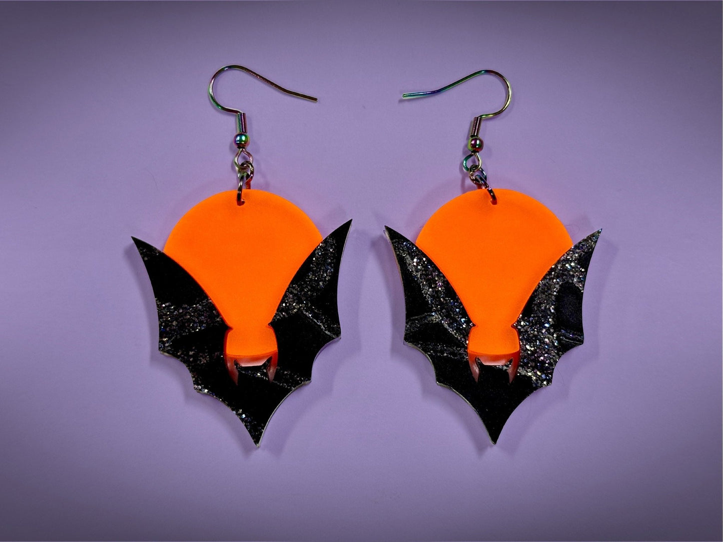 Bat and Full Moon Earrings | Black Crackle Glitter and Fluorescent Matte Orange Halloween Dangles ! - Painted Raina