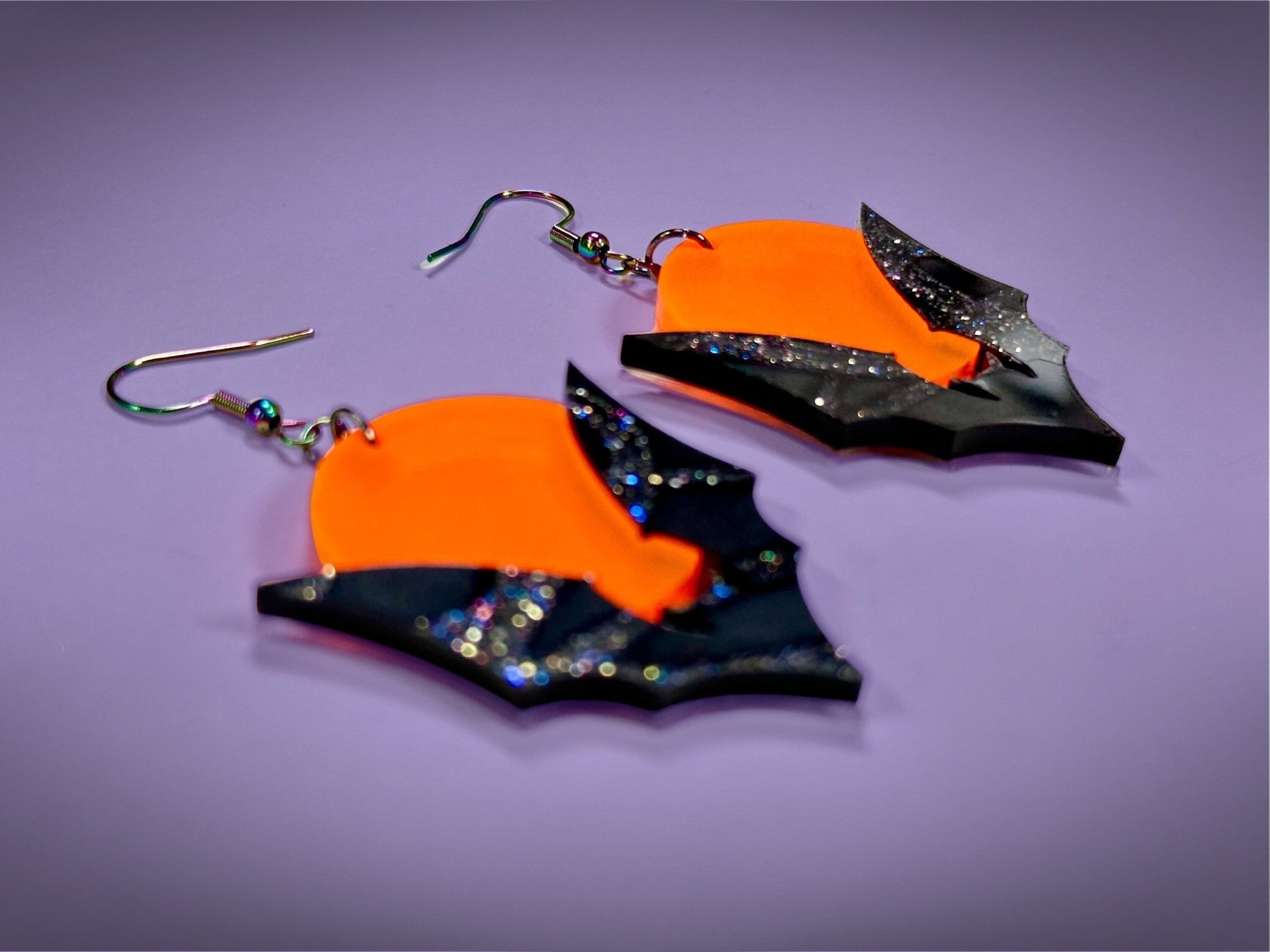 Bat and Full Moon Earrings | Black Crackle Glitter and Fluorescent Matte Orange Halloween Dangles ! - Painted Raina