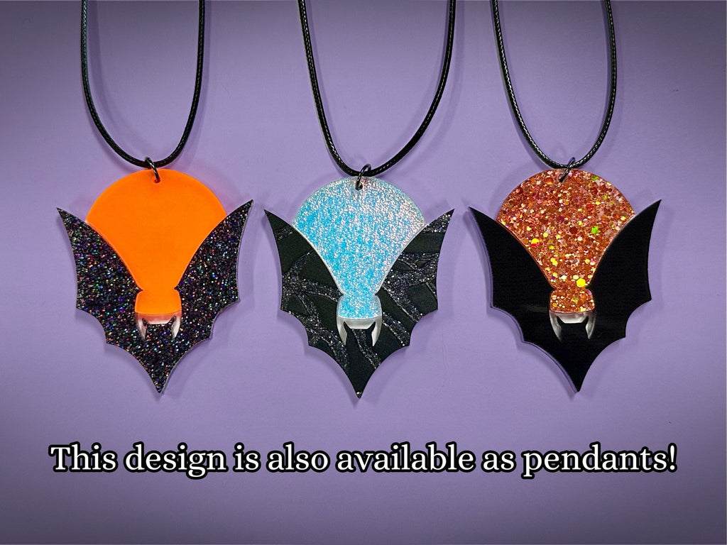 Bat and Full Moon Earrings | Black Rainbow Glitter and Textured Iridescent Halloween Dangles - Painted Raina