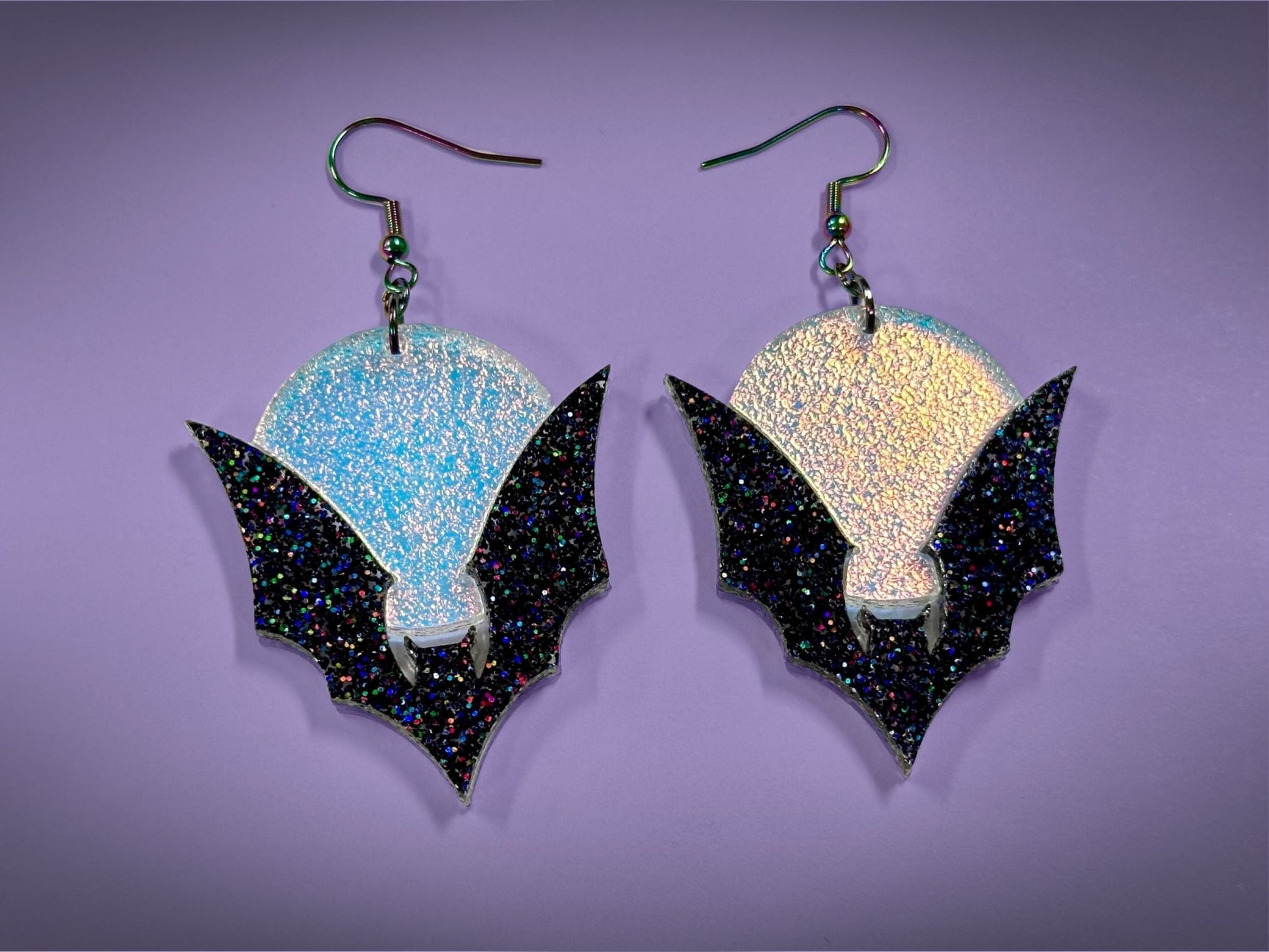 Bat and Full Moon Earrings | Black Rainbow Glitter and Textured Iridescent Halloween Dangles - Painted Raina